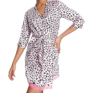 Brave Soul Pink Leopard Satin Lace Trim Robe Dressing Gown Size S